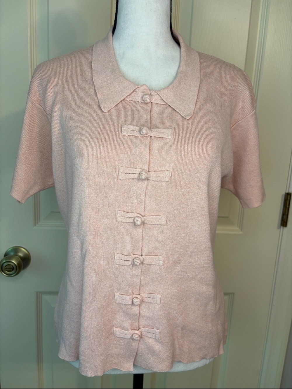 Vintage 90s Express Tricot Knit Linen Cottagecore Peach Shirt size L